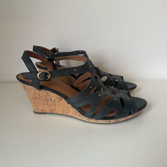 Clarks Artisan Wedge Heels Black Leather Sandals Slingback Size 10 Shoes - Picture 1 of 11